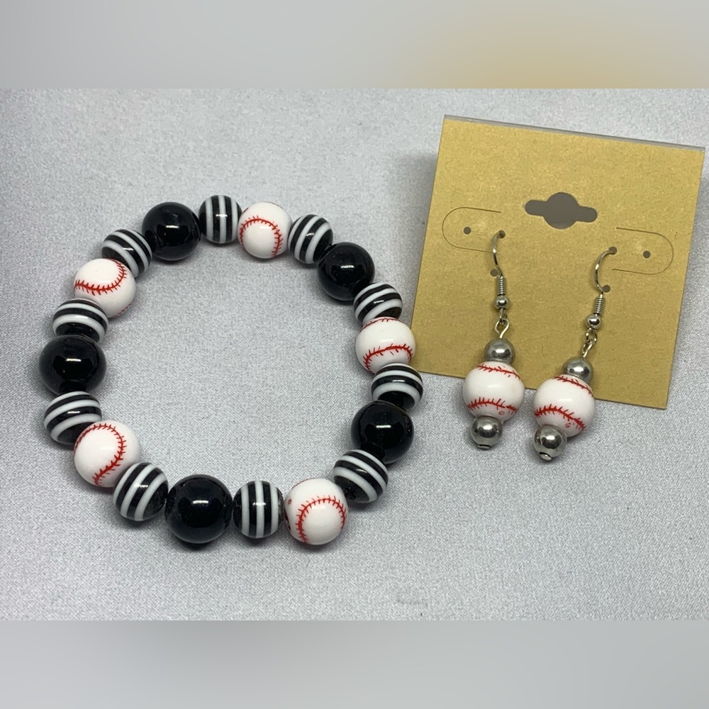 Baseball Beaded Stretch Bracelet & Earring Set